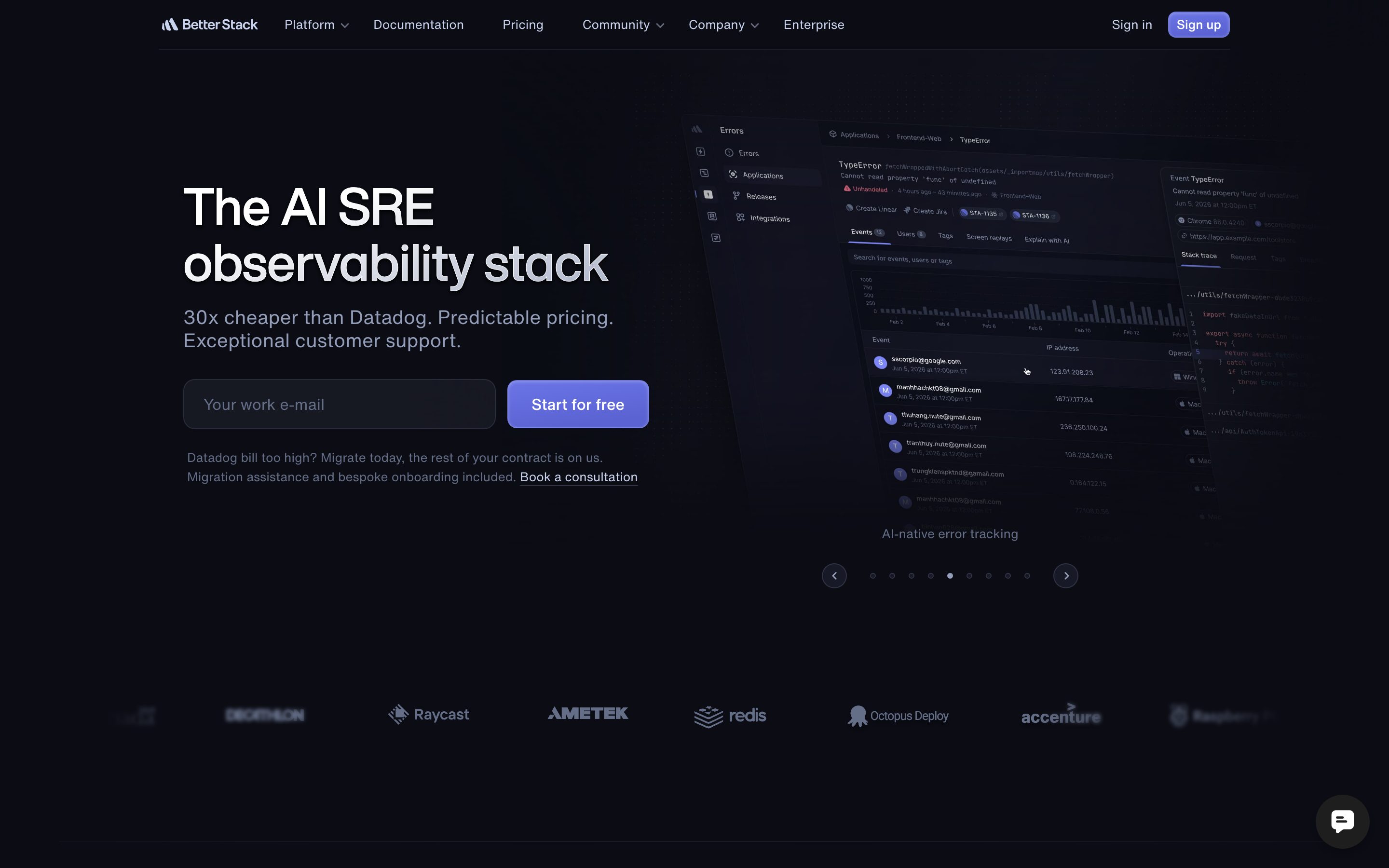 Screenshot of the Better Stack home page